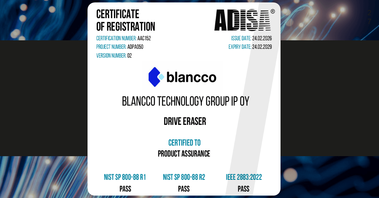 Blancco Drive Eraser Product Assurance Certificate for IEEE 2883 and NSIT 800-88