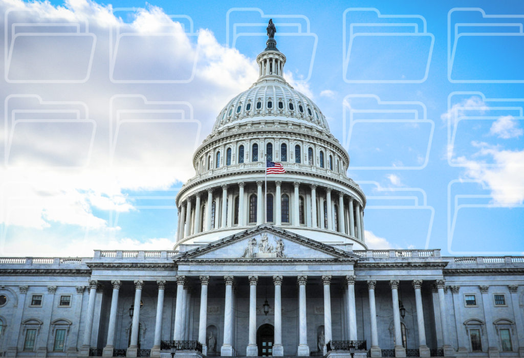 Government data files float in the background of the United States Capitol building in Washington, D.C. representing data loss risks in government IT asset disposition.
