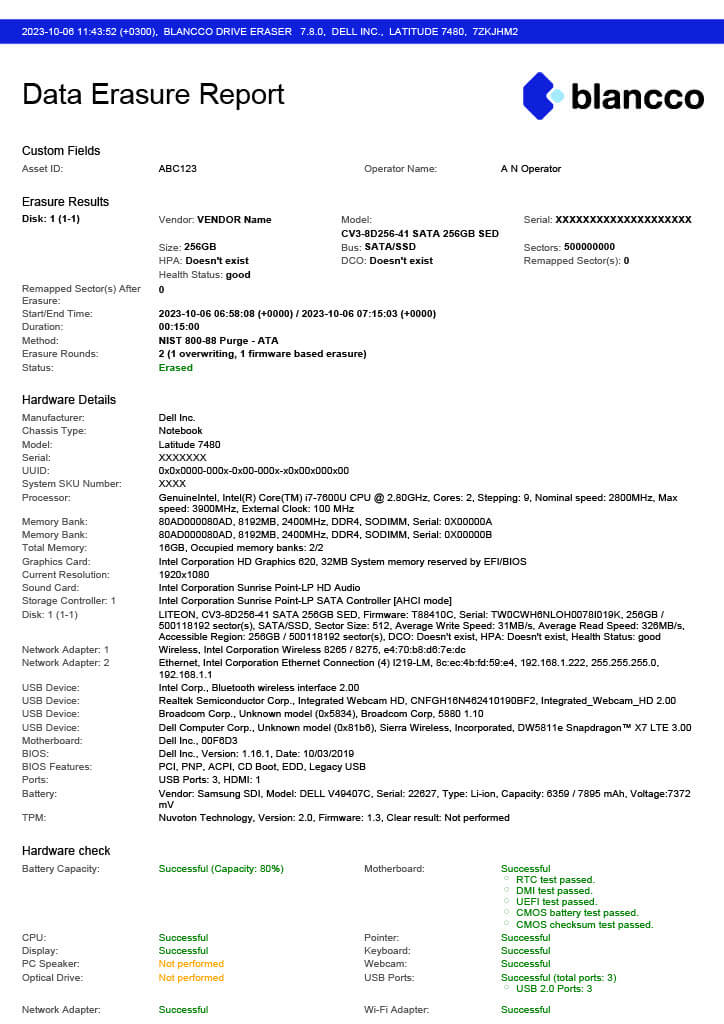 A Blancco Data Erasure Report showing the verified erasure of a 256GB SATA solid-state drive using the NIST 800-88 Purge – ATA method. The report details two erasure rounds—one overwriting pass and one firmware-based erasure—completed in 15 minutes. The drive’s health status is marked as “good,” with no remapped sectors before or after erasure, and both the Host Protected Area (HPA) and Device Configuration Overlay (DCO) are confirmed as non-existent, ensuring no hidden data remains. The status is shown as “Erased” in green, indicating full compliance with industry standards. Detailed audit data, including start and end timestamps, vendor and model information, and performance metrics like read and write speeds, provides tamper-proof documentation to support regulatory compliance and audit readiness.