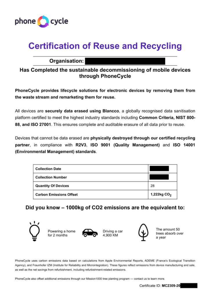 Certification document showing PhoneCycle’s reuse and recycling report, outlining device quantities, carbon offsets, and other benefits of electronic waste recycling services.