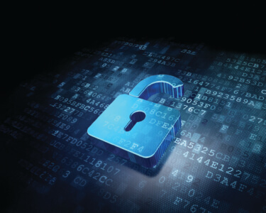 Blue 3D padlock icon displayed over a dark digital background filled with alphanumeric code and data patterns, symbolizing cybersecurity, encryption, and data protection.